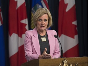 Alberta Premier Rachel Notley spoke to the media at the Alberta legislature on Wednesday, May 16, 2018 about the Trans Mountain pipeline expansion project and legislation to control the flow of energy exports to other provinces.