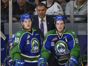 Swift Current Broncos head coach Manny Viveiros appears displeased during a playoff game against the Regina Pats at the Brandt Centre.