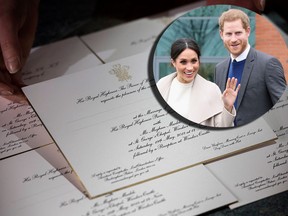Hands hold invitations just printed at the workshop of Barnard and Westwood for the wedding of Prince Harry and Meghan Markle (inset) on March 22, 2018 in London, England. The couple will marry in St. George's Chapel at Windsor Castle on May 19. (Victoria Jones/WPA Pool/Getty Images/Chris Jackson - Pool/Getty Images)