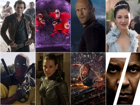 Clockwise from top left: Alden Ehrenreich as Han Solo; The Incredibles 2; Jason Statham in The Meg; Constance Wu in a scene from Crazy Rich Asians; Denzel Washington in The Equalizer 2; Dwayne Johnson in Skyscraper; Evangeline Lilly in Ant-Man and The Wasp and Ryan Reynolds in Deadpool 2.