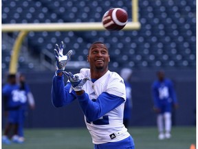 Wide receiver Adarius Bowman pulls in a pass during Winnipeg Blue Bombers training camp at Investors Group Field on Mon., May 21, 2018.