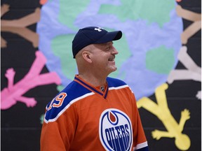 Oilers alumni Norm Lacombe takes part in a game day pep rally at Belmont School, 3310 132A Ave., Wednesday May 10, 2017.