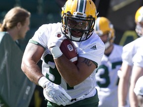 Calvin McCarty takes part in the opening day of the Edmonton Eskimos' training camp at Commonwealth Stadium, May 20, 2018.