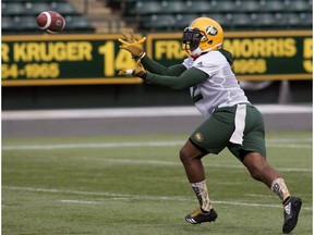 CJ Gable (2) takes part in an Edmonton Eskimos practice at Commonwealth Stadium, in Edmonton Monday June 4, 2018.