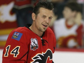 Calgary Flames Theo Fleury in warm up before NHL pre-season hockey action in Calgary, Thursday, Sept.17, 2009.n/a ORG XMIT: S7Theo09260