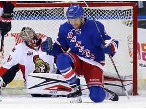 Michael Grabner of the New York Rangers celebrates his first period goal against Craig Anderson of the Ottawa Senators in Game 3 of the Eastern Conference Second Round during the 2017 NHL Stanley Cup Playoffs at Madison Square Garden on May 2, 2017 in New York City.