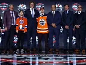 Kailer Yamamoto poses for photos after being selected 22nd overall by the Edmonton Oilers during the 2017 NHL Draft at the United Center on June 23, 2017 in Chicago.