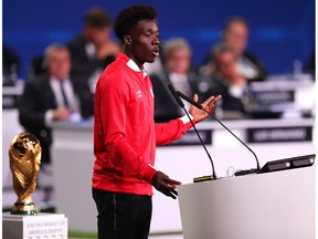 Alphonso Davies Canadian International speaks during the United 2026 presentation to become the host for the 2026 FIFA World Cup during the 68th FIFA Congress at Moscow's Expocentre on June 13, 2018 in Moscow, Russia.