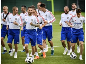 Players of the Russian national football team attend a training session in Novogorsk outside Moscow on June 12, 2018, ahead of the Russia 2018 World Cup football tournament.