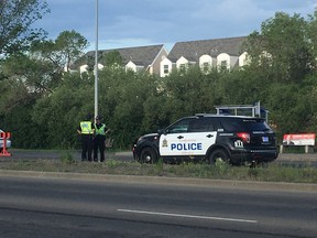 Edmonton police investigate after a cyclist was struck by a pickup truck on 97 Street near 144 Avenue at around 3 a.m. on June 22, 2018. (Photo by Jonny Wakefield)