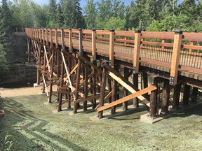 A look at one of the refurbished bridges in Mill Creek ravine park. The dark logs are the ones salvaged from the original 1902 structure