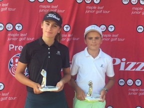 Siblings Jenna and Tate Bruggeman display their latest trophies after winning at the Maple Leaf Junior Golf Tour’s Ford Series Edmonton Junior Championship at the Derrick Golf Club.