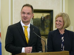 Calgary-Currie MLA Brian Malkinson, left, was named Service Alberta Minister on June 18, 2018 by Alberta Premier Rachel Notley at Government House in Edmonton.