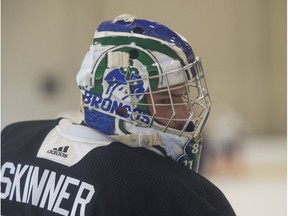 Goalie Stuart Skinner on the ice at Edmonton Oilers Development camp on June 26, 2018.