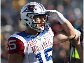 Montreal Alouettes wide receiver Samuel Giguere (15) salutes the crowd following his touchdown catch during the first-half of CFL football action against the Hamilton Tiger-Cats in Hamilton, Ont., on Saturday, November 5, 2016. The injury-riddled Edmonton Eskimos have signed veteran Canadian receiver Sam Giguere.