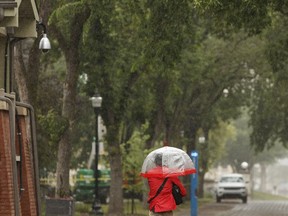 A walker uses a bubble umbrella to keep dry during a downpour of rain along 88 Avenue near 111 Street in Edmonton, on Sunday, June 10, 2018.