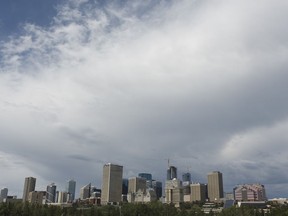 A thunderstorm forms over downtown, as seen from the Muttart Conservatory in Edmonton, on Friday, June 22, 2018. The capital city is expecting rough weather overnight.
