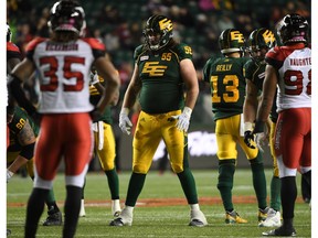 Edmonton Eskimos offensive lineman Jacob Ruby (55) opens up.