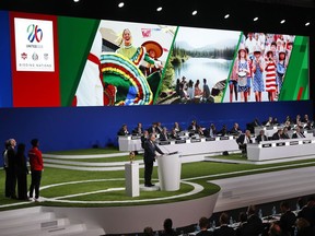 Decio de Maria, President of the Football Association of Mexico, presents a joint United bid by Canada, Mexico and the United States to host the 2026 World Cup at the FIFA congress in Moscow, Russia, Wednesday, June 13, 2018.