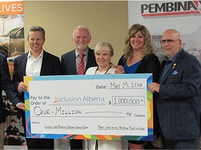 Pembina Pipeline Corporation presented $1 million to Inclusion Alberta through the Lorne and Patricia Gordon Legacy Fund on May 25, 2018 at the Inclusion Alberta offices on Kingsway Avenue in Edmonton. Supplied