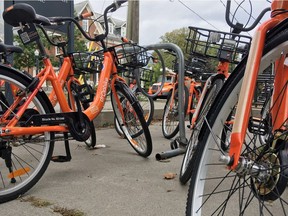 Bikes from the bike share company Dropbike.