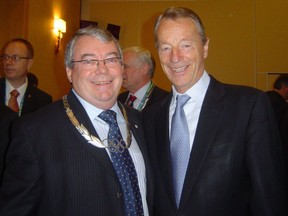 Bob Steadward, left, is shown here in 2010 with IOC board member Gerhard Heiberg of Norway after receiving the Olympic Order during the Vancouver Olympics.