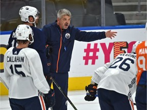 Edmonton Oilers head coach Todd McLellan instructs the troops during the first day of training camp at Rogers Place in Edmonton, September 15, 2017. Ed Kaiser/Postmedia (Edmonton Journal story Jim Matheson) Photos for copy in Saturday, Sept. 16 edition.