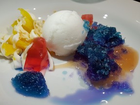Holy Roller chef Sam Chalmers presented colourful ingredients from a Filipino halo halo as dessert at the Imagine Okuda fund-raising dinner. GRAHAM HICKS photos