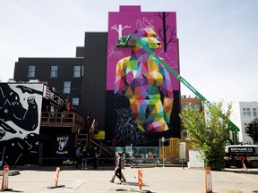 Internationally-renowned artist Okuda San Miguel paints a six-storey tall mural on the side of the Crawford Block building in Edmonton's Old Strathcona, Monday July 16, 2018.