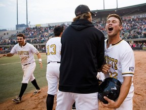 The Prospects celebrate a home run during Game 4 of the WMBL final playoff series between the Edmonton Prospects and the Swift Current 57s at Re/Max Field in Edmonton on Aug. 16, 2017.