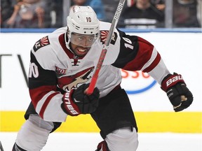Anthony Duclair of the Arizona Coyotes skates against the Toronto Maple Leafs during an NHL action  on Dec. 15, 2016, in Toronto.