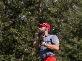 Edmonton Oilers goaltender Cam Talbot tees off on the 8th hole during the 2018 Syncrude Oil Country Championship Celebrity Pro-Am at the Petroleum Golf and Country Club, Tuesday July 31, 2018.