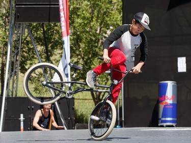 Takumi Isogai competes during the BMX flatland amateur final during the FISE World Series at Louise McKinney Riverfront Park in Edmonton on Sunday, July 15, 2018.