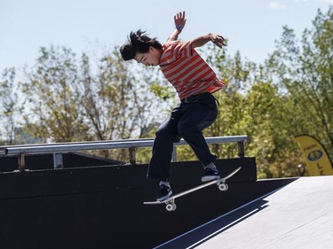 Ikeda Daisuke of Japan finishes in first place during the skateboard street pro final during the FISE World Series at Louise McKinney Riverfront Park in Edmonton on Sunday, July 15, 2018.