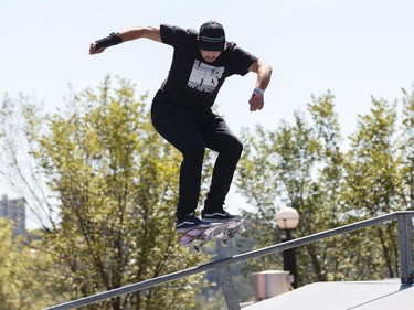Richard Tury of Slovakia competes during the skateboard street pro final during the FISE World Series at Louise McKinney Riverfront Park in Edmonton on Sunday, July 15, 2018.