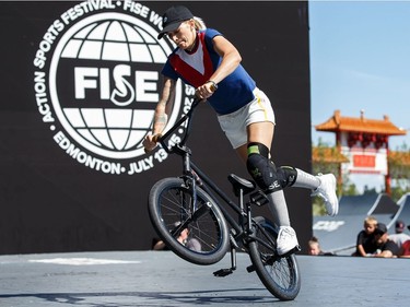 Celine Vaes competes during the UCI BMX flatland world cup women final during the FISE World Series at Louise McKinney Riverfront Park in Edmonton on Sunday, July 15, 2018.