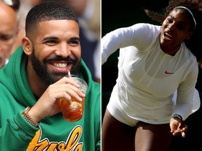 Drake cheered on Serena Williams during the Ladies' Singles quarter-finals match on day eight of the Wimbledon Lawn Tennis Championships at All England Lawn Tennis and Croquet Club on July 10, 2018 in London, England. (DANIEL LEAL-OLIVAS/AFP/Getty Images/Julian Finney/Getty Images)