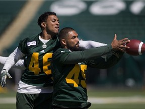 Pittman, Brandon (46) blocks the ball from Korey Jones (45) during Edmonton Eskimos practice on Saturday, July 21, 2018 in Edmonton.