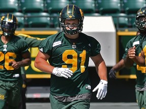 Mark Mackie was cut during training camp and now called back, here at the Eskimos practice as they prepare to face Toronto Friday, at Commonwealth Stadium in Edmonton, July 12, 2018. Ed Kaiser/Postmedia