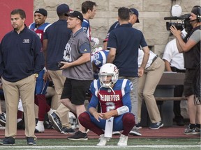 Montreal Alouettes quarterback Johnny Manziel looks on from the sideline during first half CFL football game against the Edmonton Eskimos in Montreal, Thursday, July 26, 2018.