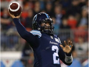 Toronto Argonauts quarterback James Franklin prepares to make a throw during CFL action against the Calgary Stampeders in Toronto on June 23, 2018.