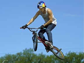 Daniel Dhers (BMX Freestyle Park competitor) from Venezuela practices in preparation for the FISE World Series in Edmonton on July 12, 2018. FISE competition will start Friday July 13, 2018 at Louise McKinney Riverfront Park.