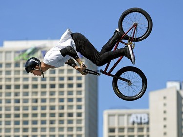 Liam Quinlivan (BMX Freestyle Park competitor) from Australia practices in preparation for the FISE World Series in Edmonton, Canada on Thursday July 12, 2018. FISE competition will start Friday July 13, 2018 at Louise McKinney Riverfront Park, an outdoor action sports arena where some of the world's best pro riders and amateurs will compete in BMX Freestyle, BMX Flatland, Skateboard and Scooter competitions. The competition ends Sunday  July 15, 2018.