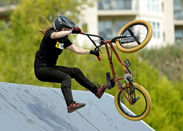 Emma Finnegan (Liverpool, UK) loses control of her bike and crashes during the Women's BMX Freestyle Park World Cup Qualification round at the 2018 Edmonton FISE World Series on Friday July 13, 2018, held at Louise McKinney Riverfront Park in Edmonton, Canada. Some of the world’s best pro riders and amateurs are competing in BMX Freestyle, BMX Flatland, Skateboard and Scooter competitions.