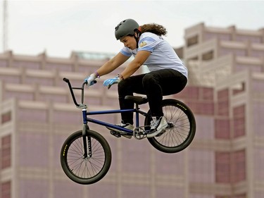 Analia Zacarias (Posadas, Argentina) competes in the Women's BMX Freestyle Park World Cup Qualification round at the 2018 Edmonton FISE World Series on Friday July 13, 2018, held at Louise McKinney Riverfront Park in Edmonton.