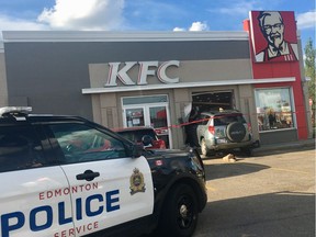 A woman at a KFC restaurant at 87 Avenue and 156 Street was taken to hospital with a severe leg injury about 6 p.m. Wednesday, July 18, 2018 after an SUV was driven into the side of the building.