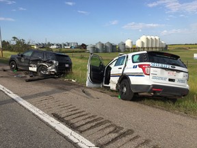 Leduc RCMP attended a multi-vehicle crash on Highway 2 south of Highway 2A involving two Sheriff Vehicles, an RCMP vehicle and a Lexus SUV. Photo Leduc RCMP