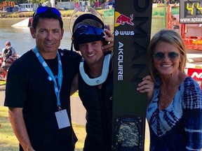 Jaret Llewellyn, left, son Dorien, centre, and wife Britta, pose together for a picture following a recent waterskiing competition.