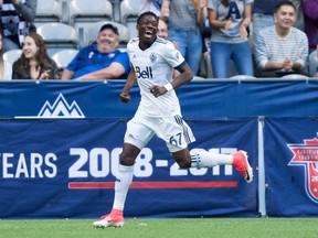 Vancouver Whitecaps' Alphonso Davies celebrates his goal against the Montreal Impact during first half semifinal Canadian Championship soccer action in Vancouver, B.C., on Tuesday May 23, 2017.