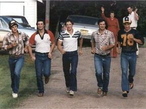 sw / Wednesday November 19, 2003 Page D1   FLEEING THE FAMILY FARM -- The famous Sutter brothers of Viking, Alta., ru off their separate way son a summer's day in the early 1980s, headed eventually to their various NHL training camps. . . .   Edmonton - The brothers Sutter, from left: Darryl, Duane, Ron, Brian, Rick and Brent.   ORG XMIT: POS2014021215231906